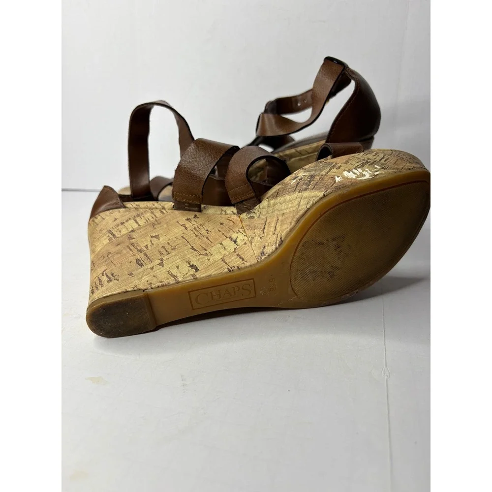 Chaps Brown Strappy Cork Wedge Sandals Womens 6.5B Platform‎ Buckle Gladiator